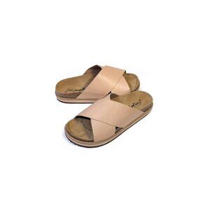 Free People Shoes 38 Natural Leather Sidelines Footbed Cross Sandals Sli…
